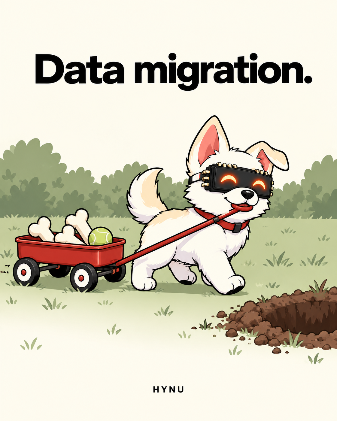 HYNU pulling a red wagon full of bones toward a new garden hole