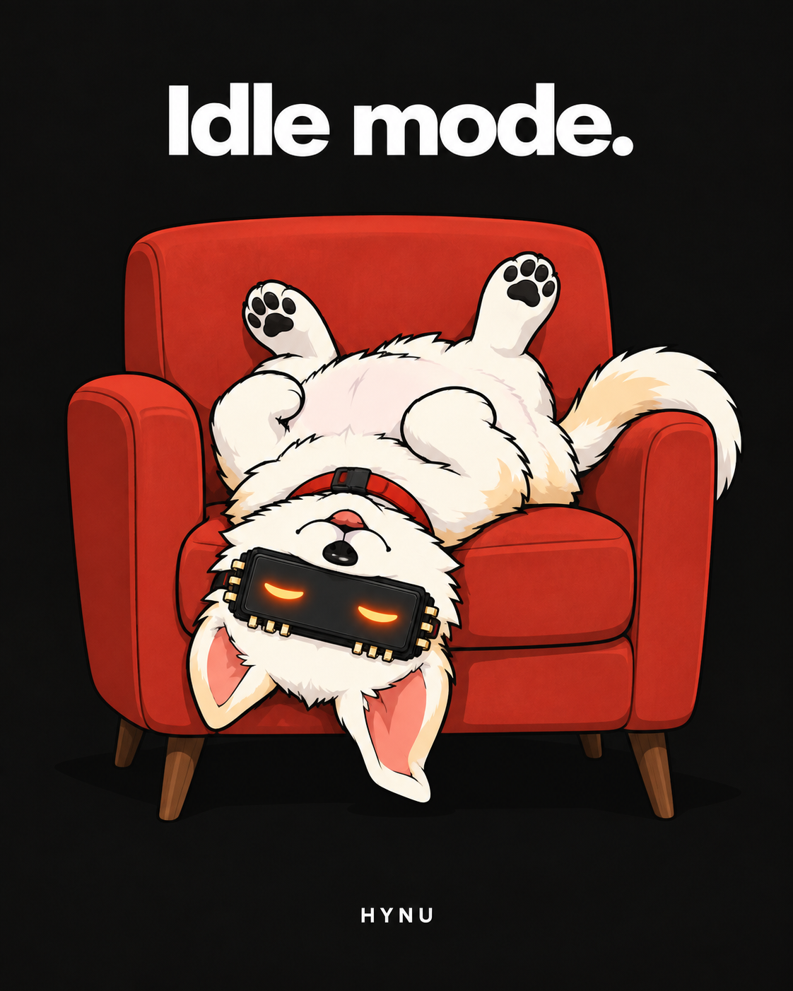 HYNU sleeping upside down in a red armchair
