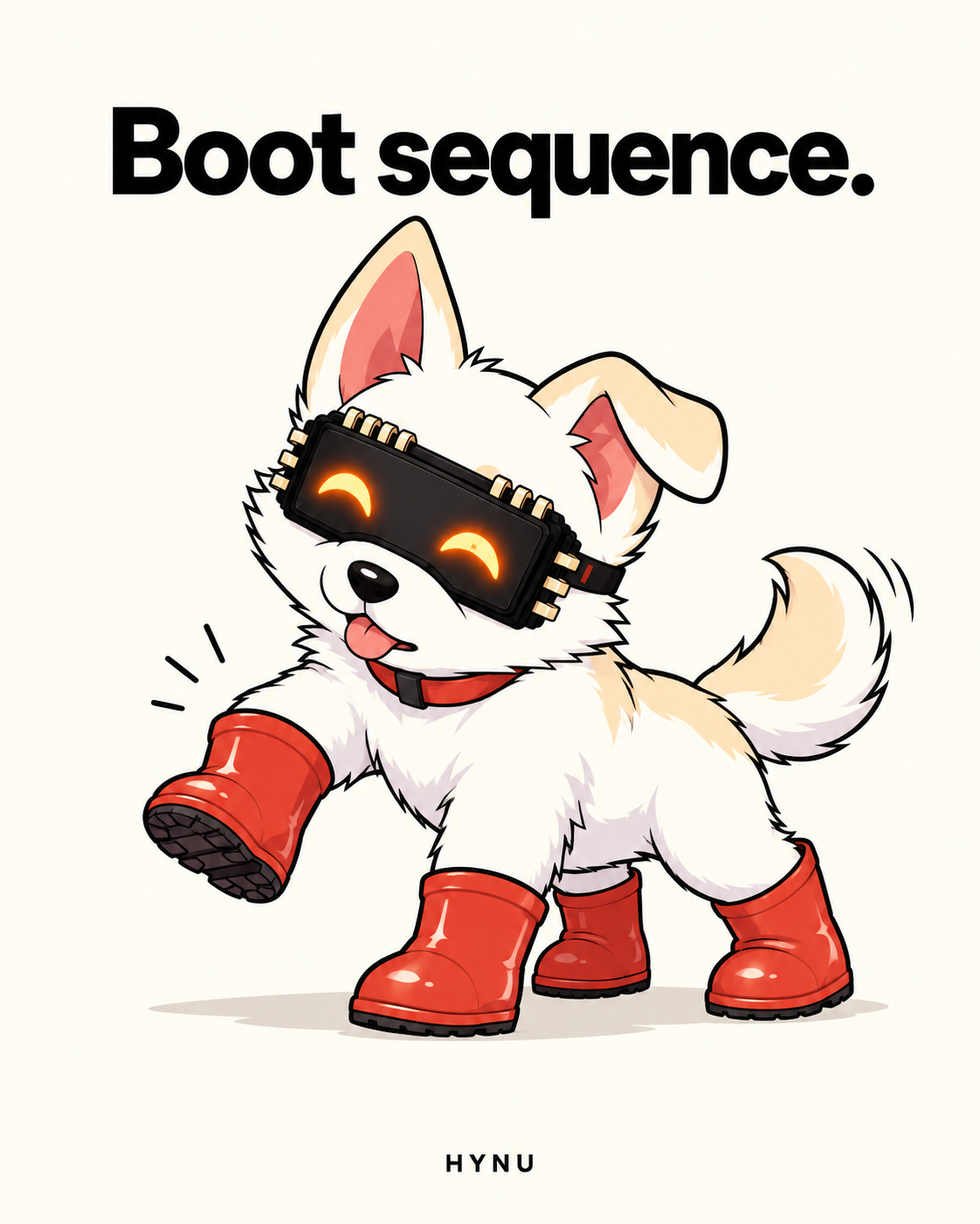HYNU learning to walk in four oversized red rain booties