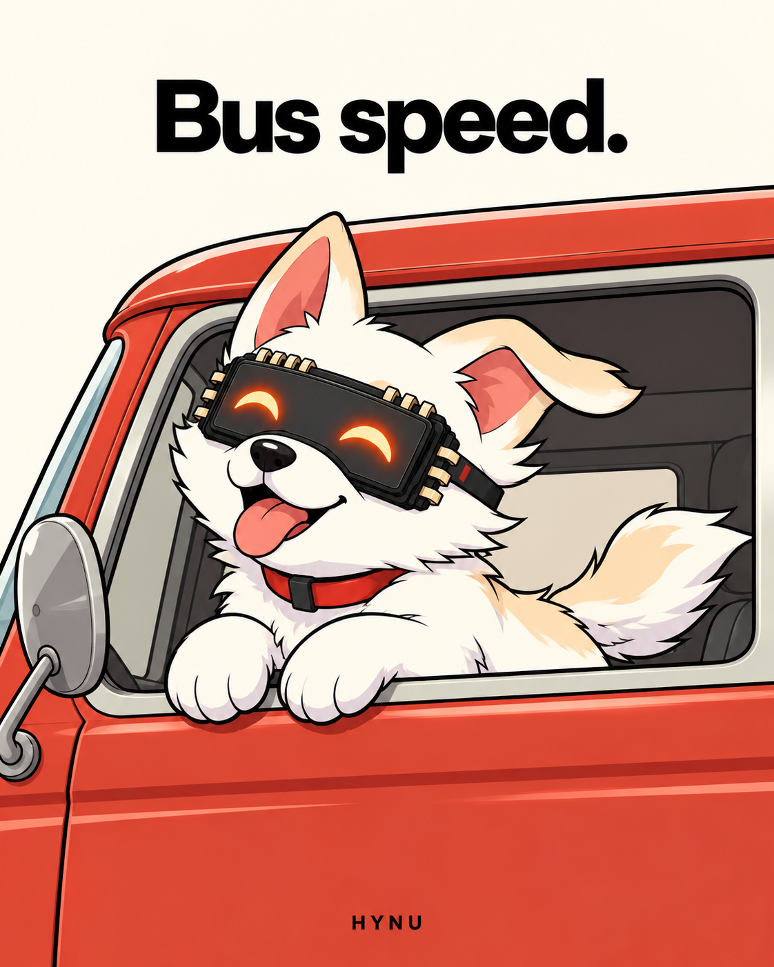 HYNU enjoying the breeze from an open red bus window