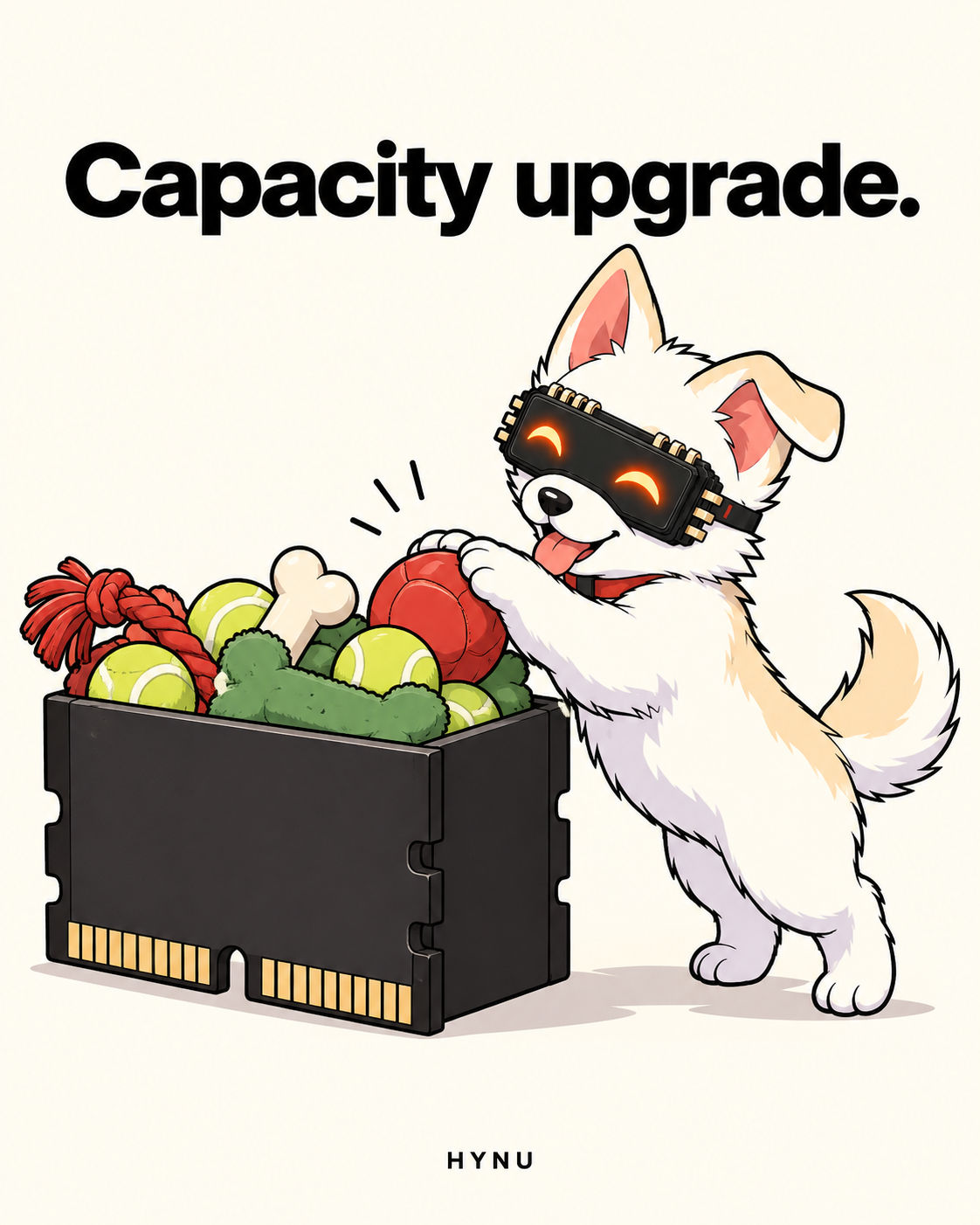 HYNU trying to fit one more toy into his overflowing memory-chip box
