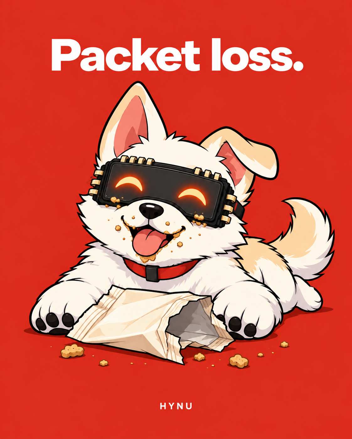 HYNU beside an empty treat packet with crumbs on his visor