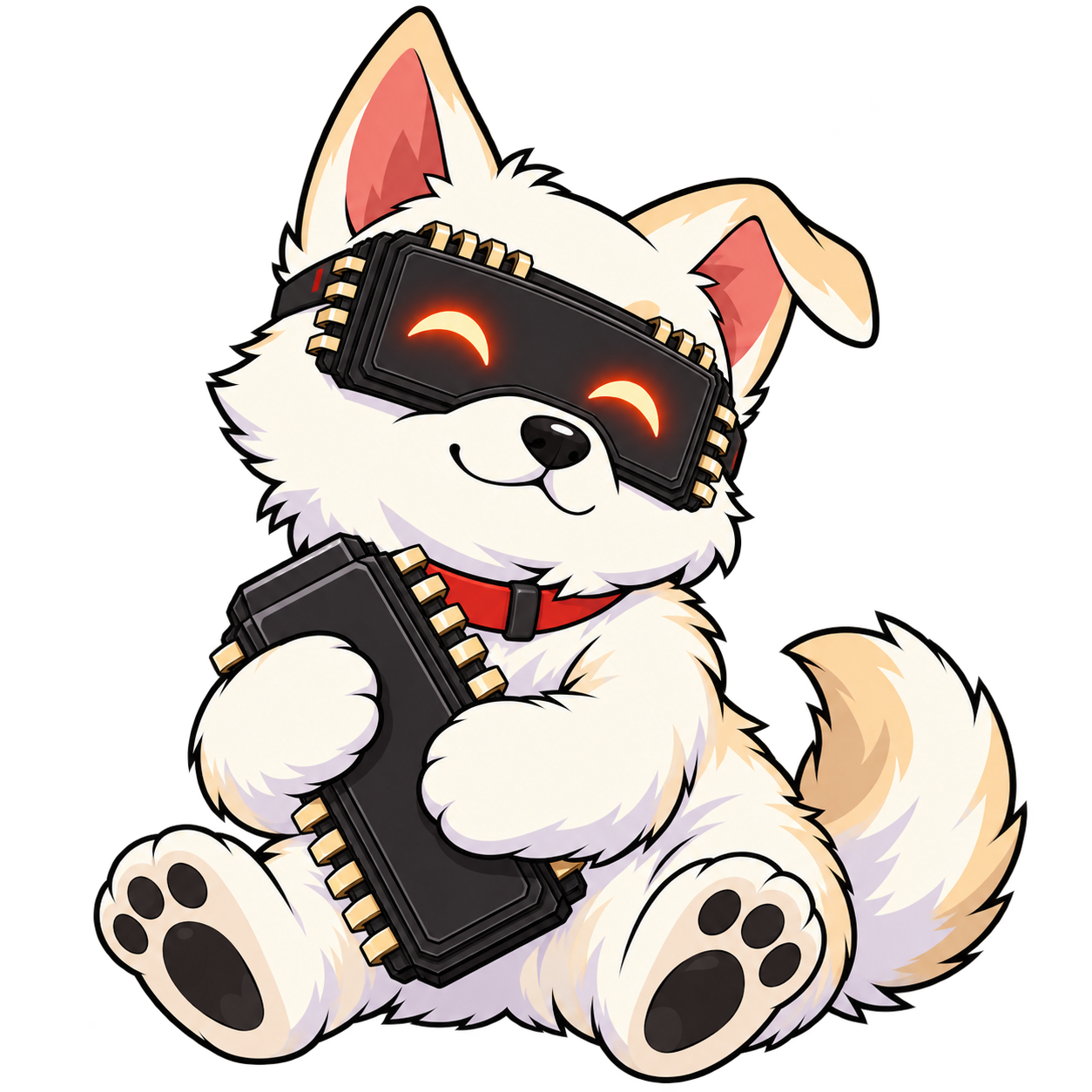 HYNU, a cream puppy with a black memory-chip visor and red collar, hugging his favorite chip