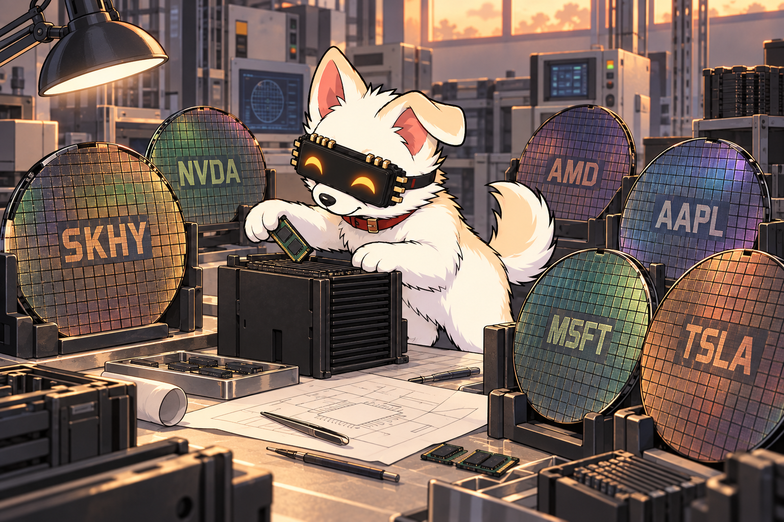 HYNU, the cream puppy in a black memory-chip visor and red collar, carefully preparing a memory module at a workbench surrounded by silicon wafers labeled SKHY, NVDA, AMD, AAPL, MSFT and TSLA.